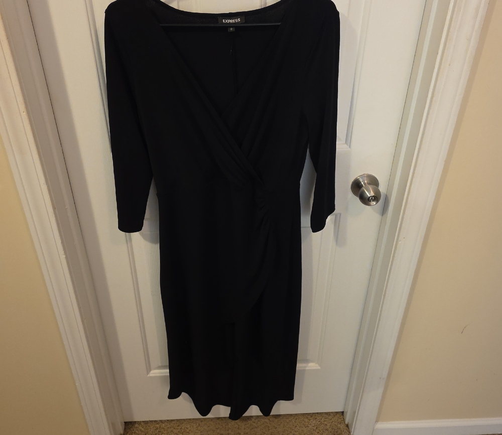 Express Black Faux-Wrap Long-Sleeve Dress